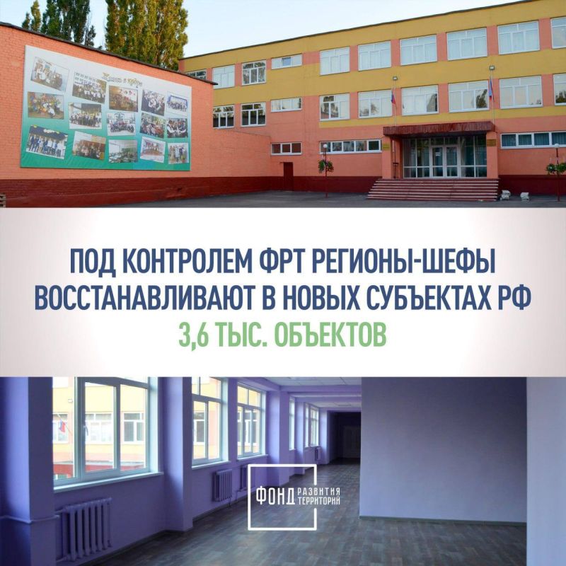 Под контролем Фонда развития территорий регионы-шефы восстанавливают в новых субъектах РФ 3,6 тысячи объектов в ДНР, ЛНР, Запорожской и Херсонской областях