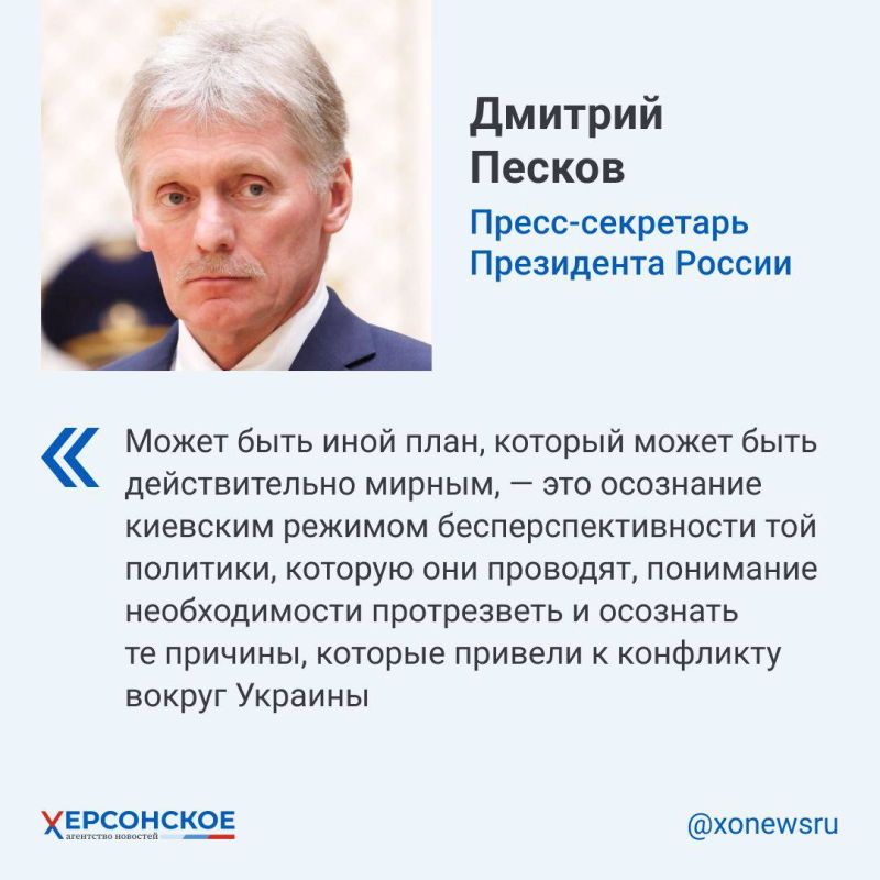 По словам пресс-секретаря главы государства, так называемый «мирный» план Зеленского — эфемерен и что речь идет об аналогичной имеющейся у США стратегии воевать с Россией до последнего украинца