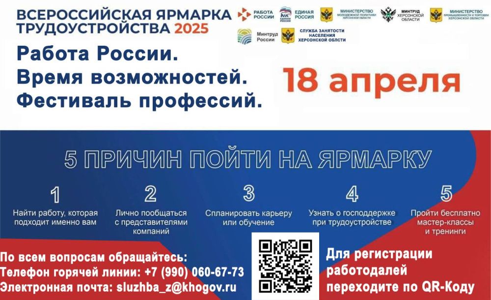 Всероссийская ярмарка трудоустройства «Работа России. Время возможностей» пройдет 18 апреля в Херсонской области