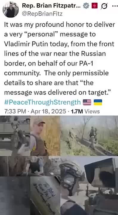 Действующий член Конгресса США Брайан Фицпатрик лично прибыл на передовую ЗСУ у границы с РФ, где открыл огонь по российским позициям