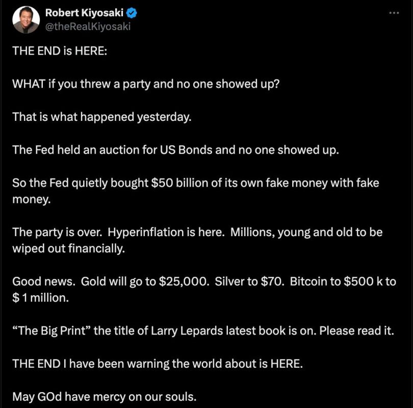 Американский инвестор Роберт Кийосаки заявил, что наступил «конец» доллара и далее последует гиперинфляция