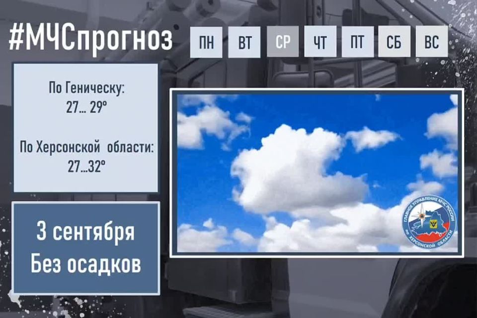 #МЧСпрогноз. сентября по Херсонской области ожидается: переменная облачность