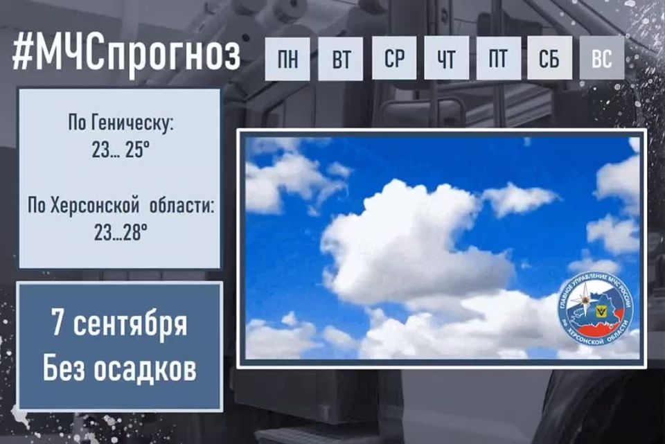 #МЧСпрогноз. сентября по Херсонской области ожидается: переменная облачность