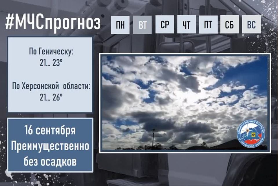 #МЧСпрогноз. сентября по Херсонской области ожидается: переменная облачность