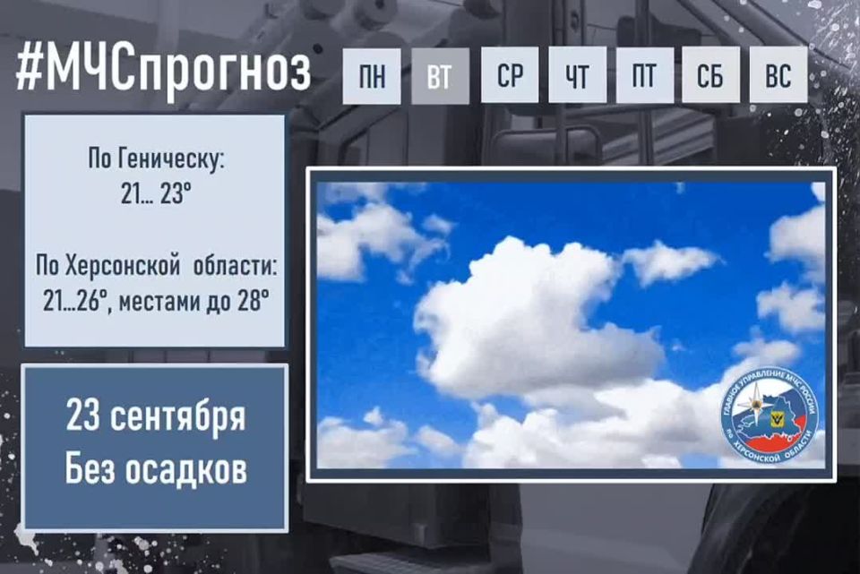 #МЧСпрогноз. сентября по Херсонской области ожидается: малооблачно