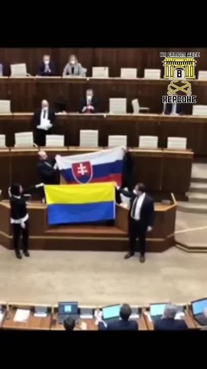 Сегодня в словацком парламенте местные депутаты-русофобы устроили перформанс и растянули перевёрнутый вверх ногами жёлто-голубой флаг