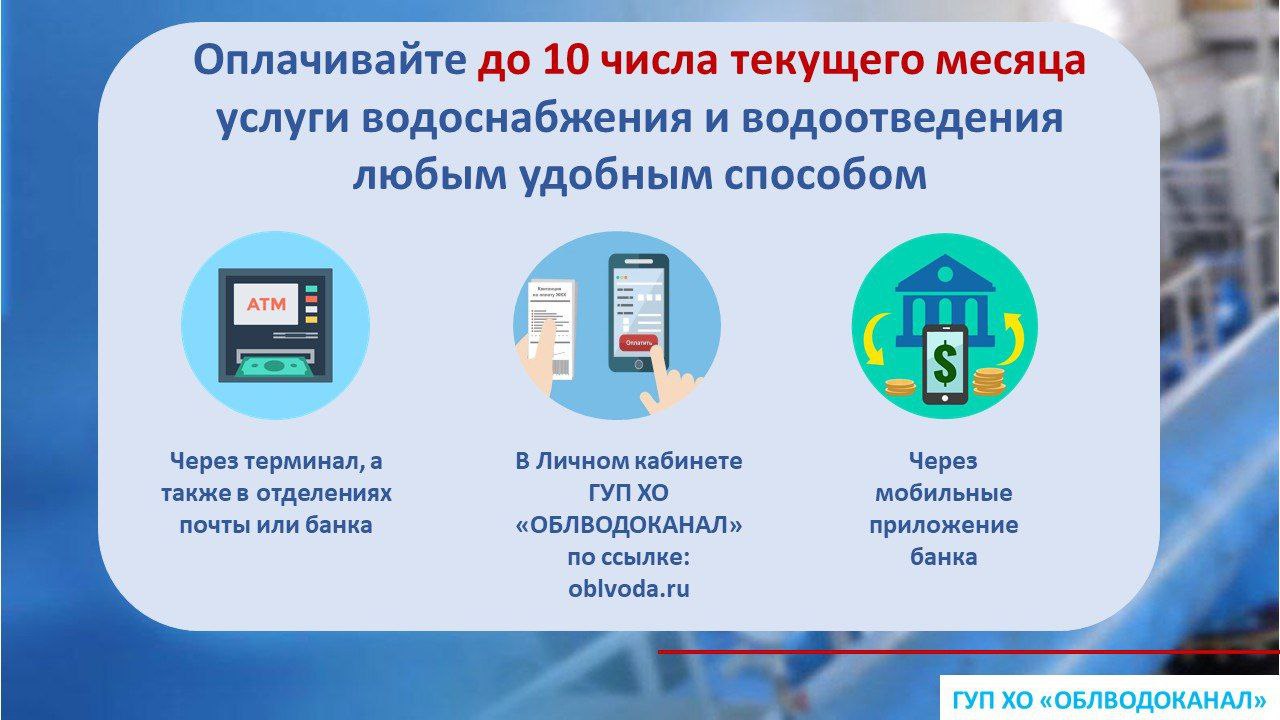 Уважаемые абоненты!. Напоминаем о необходимости своевременной оплаты услуг водоснабжения и водоотведения до 10 числа текущего месяца
