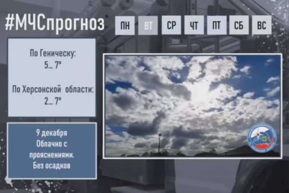 #МЧСпрогноз. декабря по Херсонской области ожидается: облачно с прояснениями