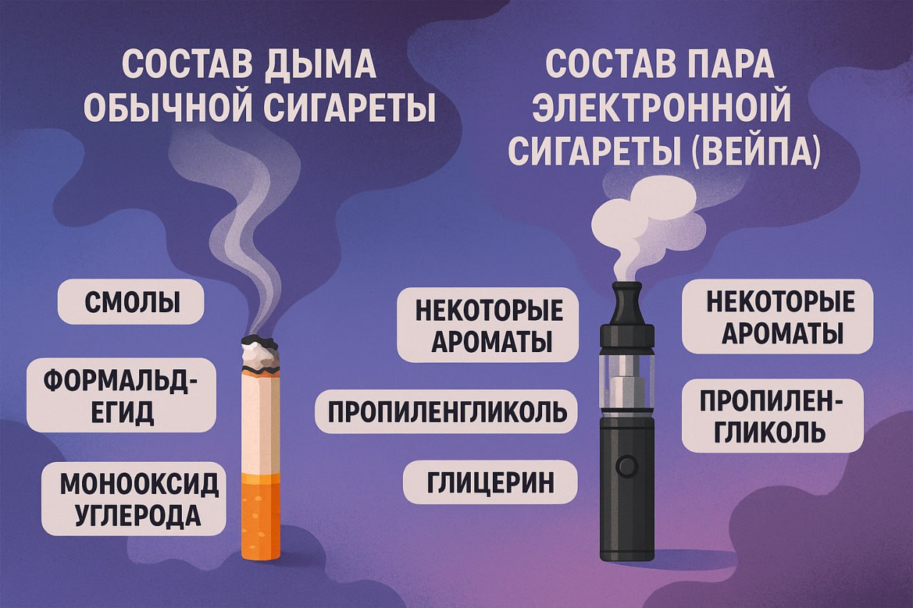 Сравнение состава дыма обычной сигареты и пара электронной сигареты (вейпа)