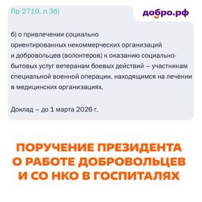 Президент поручил расширить участие социальных НКО и волонтёров в помощи ветеранам боевых действий, которые проходят лечение в медицинских учреждениях