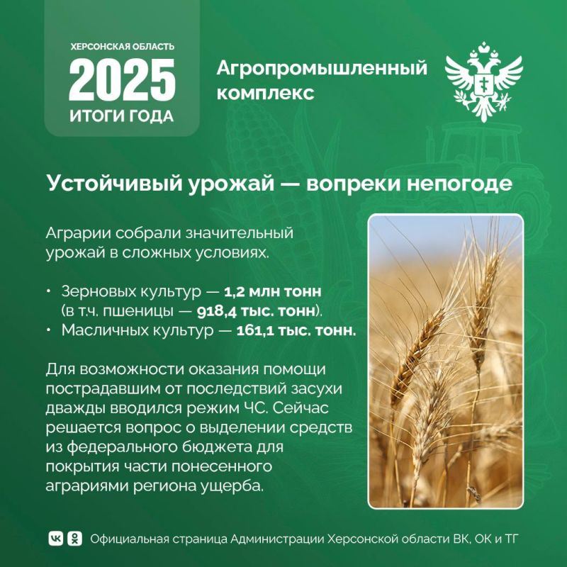 Устойчивое развитие: итоги работы АПК Херсонской области в 2025 году
