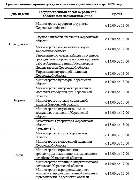 График личного приема граждан в режиме видеосвязи государственными органами Херсонской области