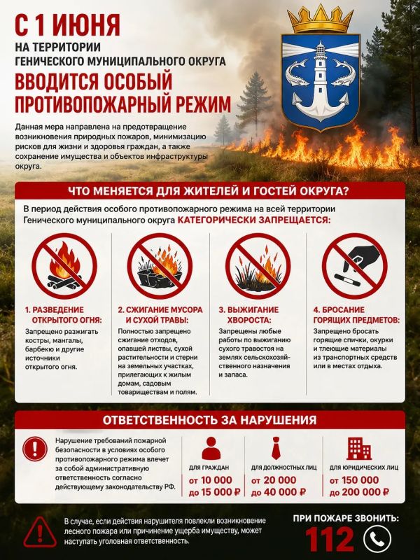 Внимание: с 1 июня на территории Генического округа вводится особый противопожарный режим