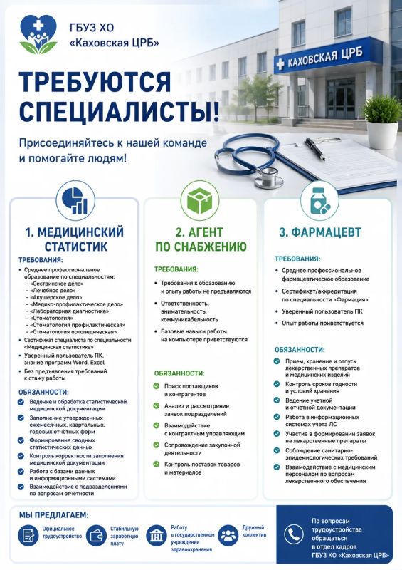В ГБУЗ ХО «Каховская ЦРБ» открыты вакансии