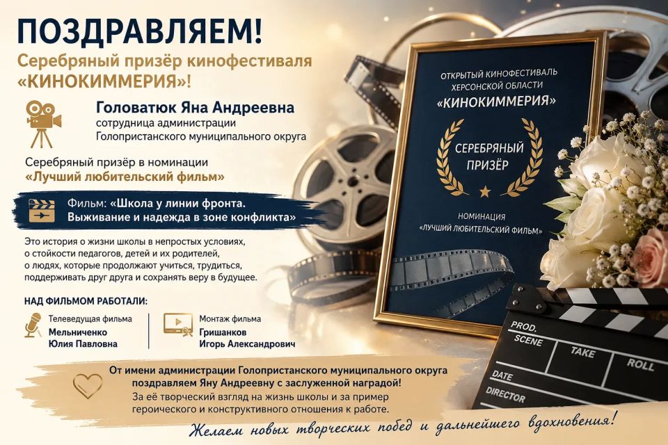 Сотрудница администрации Голопристанского муниципального округа Головатюк Яна Андреевна стала серебряным призёром открытого кинофестиваля Херсонской области «КИНОКИММЕРИЯ» в номинации «Лучший любительский фильм»