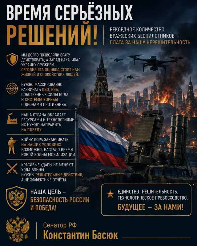 Константин Басюк: Время серьёзных решений. Массированная атака беспилотников на Москву и другие регионы России стала крупнейшей за всё время конфликта