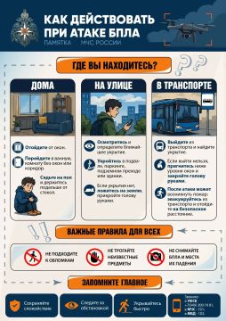 Увидели БПЛА?. Сохраните памятку от ГУ МЧС России по ДНР — вся информация в одной картинке: алгоритм действий, контакты экстренных служб, правила и запреты