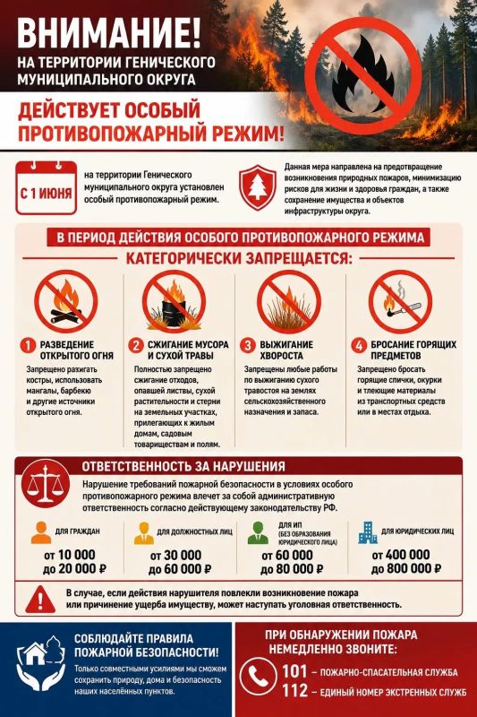 ВНИМАНИЕ! На территории Генического муниципального округа действует особый противопожарный режим!