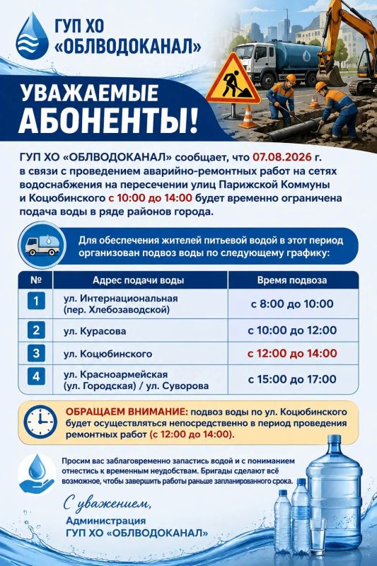 Уважаемые абоненты!. ГУП ХО «ОБЛВОДОКАНАЛ» Генический филиал сообщает, что 07.08.2026 г. в связи с проведением аварийно-ремонтных работ на сетях водоснабжения на пересечении улиц Парижской Коммуны и Коцюбинского с 10:00 до...