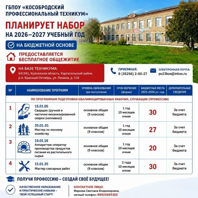 Кособродский профессиональный техникум приглашает на обучение