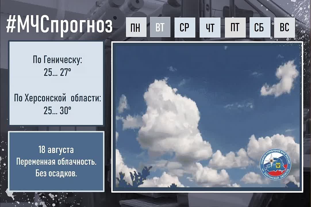 18 августа Прогноз погоды. По Херсонской области: