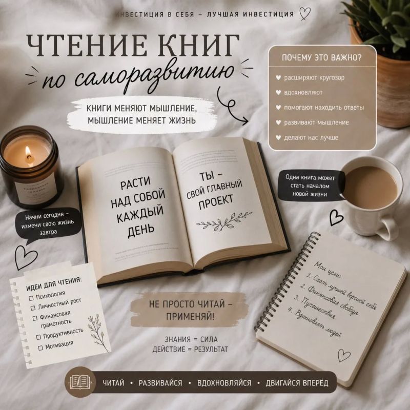 Чтение книг по саморазвитию — это один из самых эффективных способов стать лучше и реализовать свой потенциал!