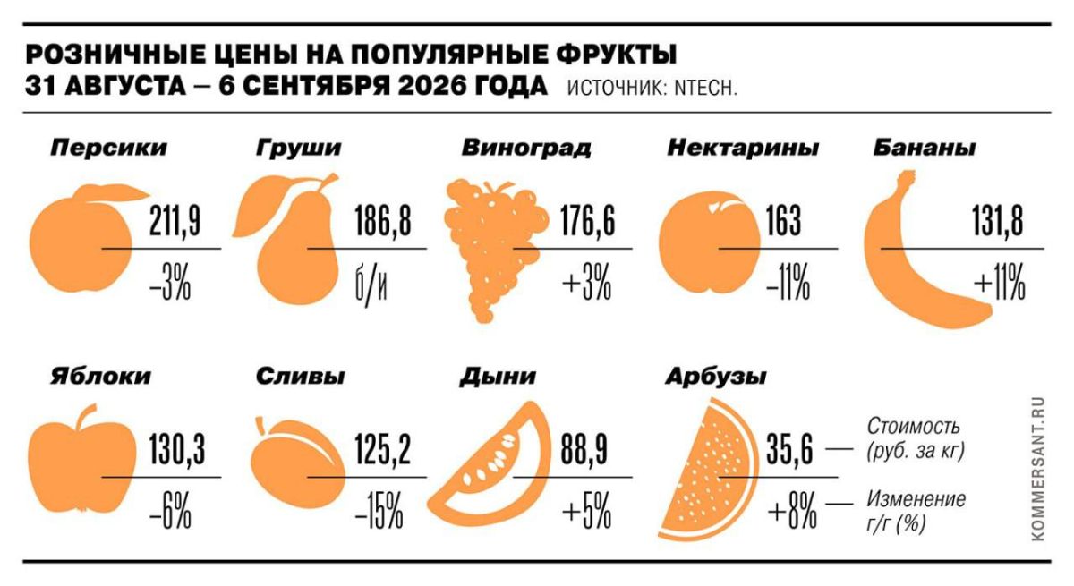 Розничные цены на сезонные фрукты в России снижаются: сливы в начале сентября подешевели на 15% в годовом выражении, яблоки — на 6%, пишет «Коммерсант»