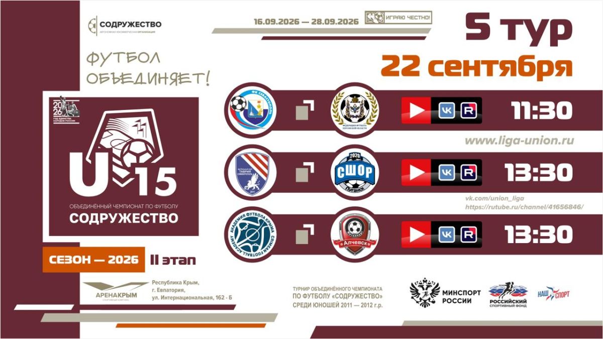 5 день Турнира Объединённого чемпионата «Содружество» U-15 (сезон 2026)!