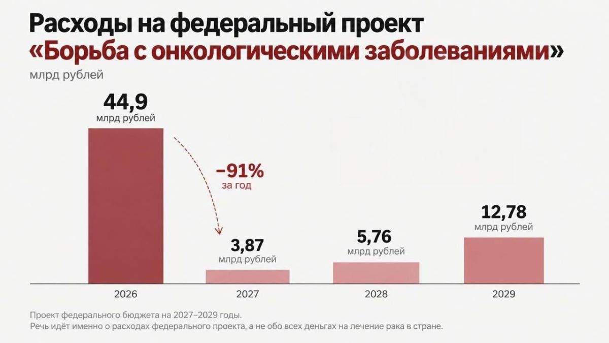 В 12 раз сократят расходы на борьбу с раком в России — с 44,9 до 3,9 млрд — проект федерального бюджета на 2027–2029 годы