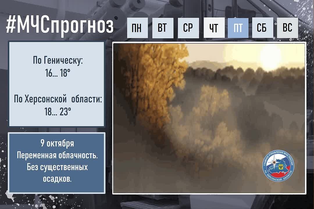 #МЧСпрогноз. 9 октября в городе Геническ: Облачно с прояснениями
