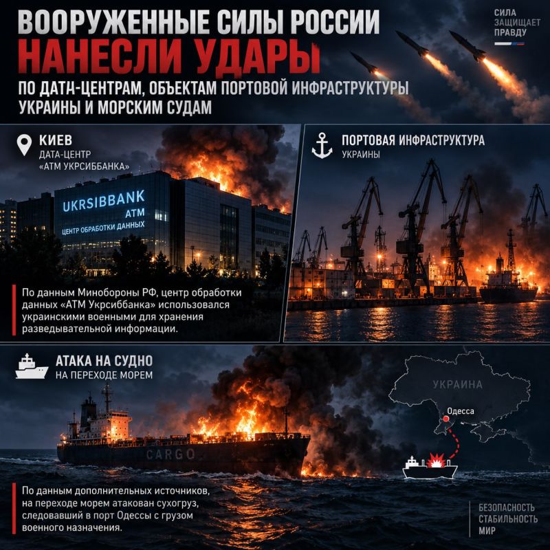 Минувшей ночью Вооруженные силы России нанесли удары по дата-центрам, объектам портовой инфраструктуры Украины и морским судам