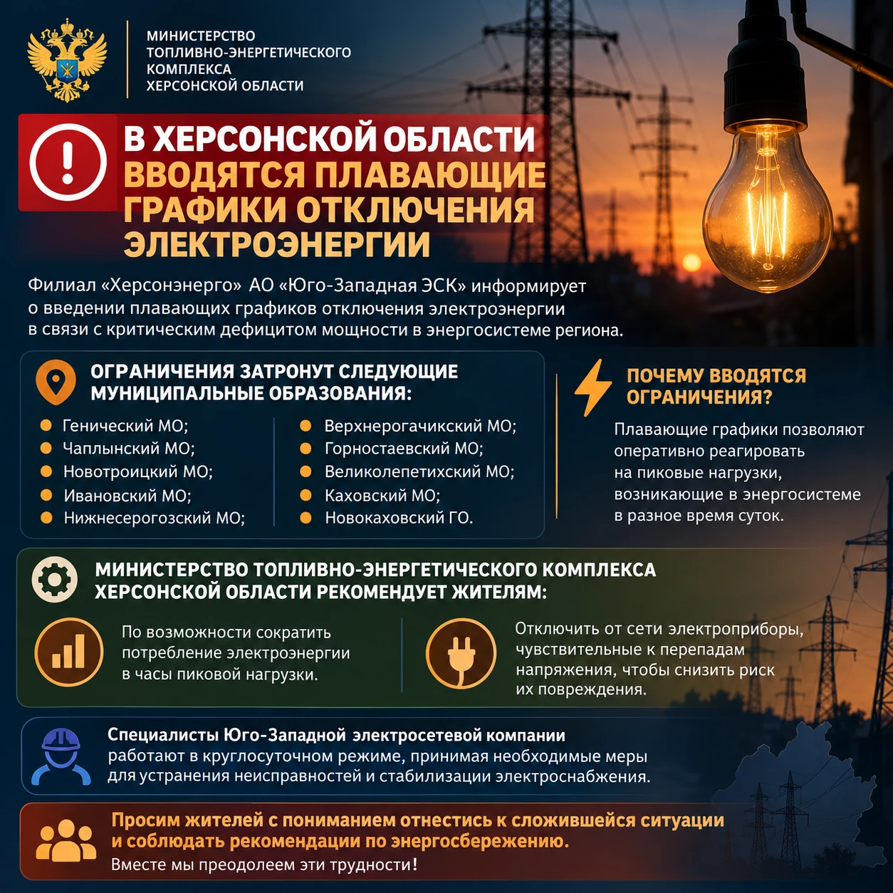 В Херсонской области вводятся плавающие графики отключения электроэнергии